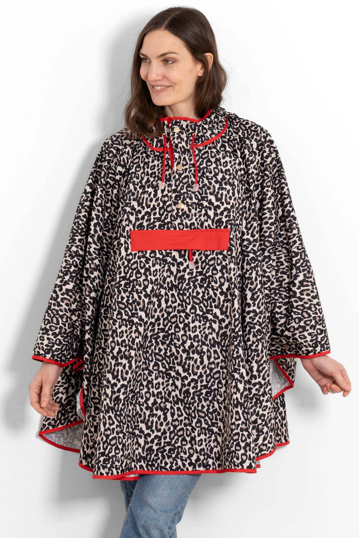 Aspen Waterproof Rain Poncho - Cream/Red, Leopard Print: One-size (UK 8-22)