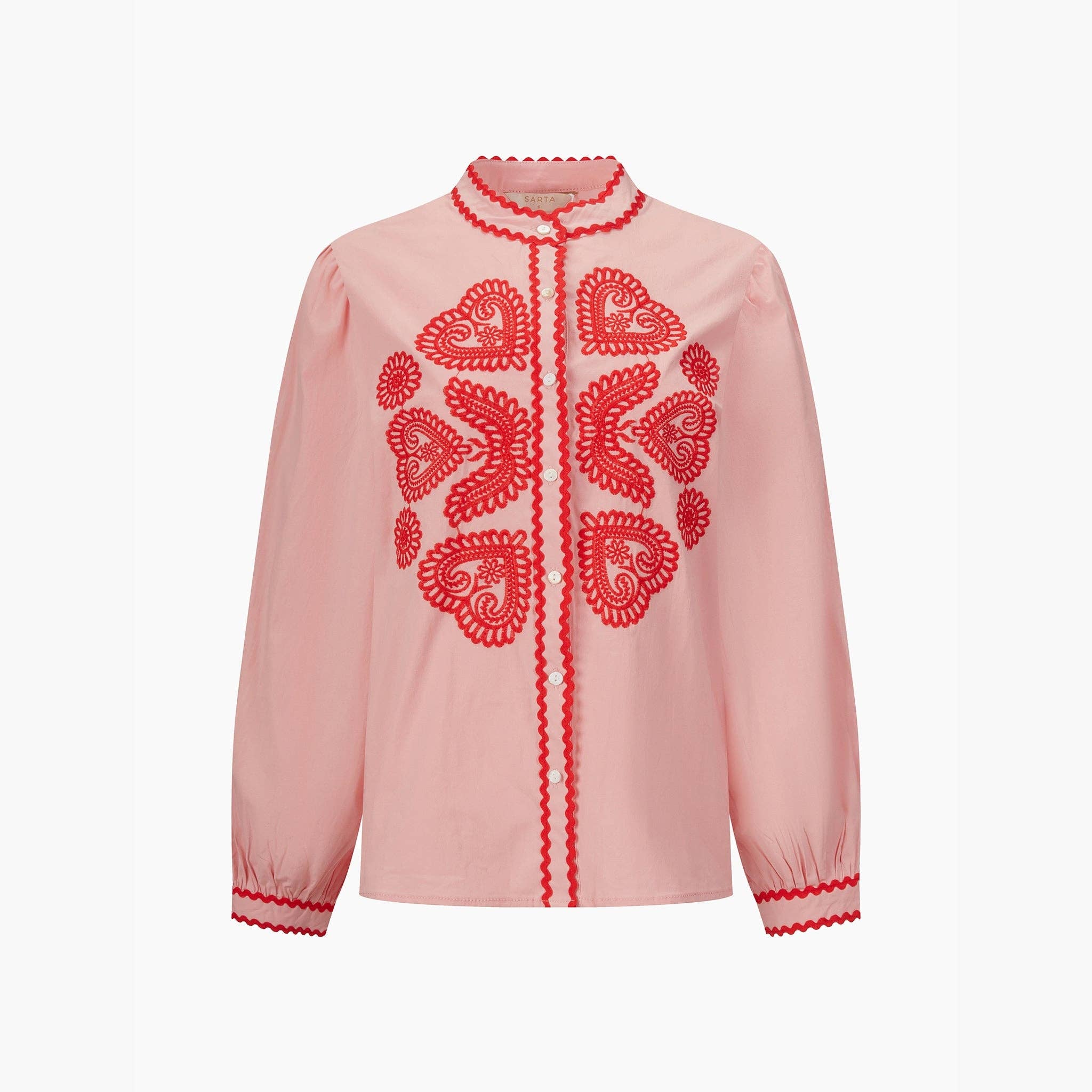 Embroidered Hearts Long Sleeve Cotton Shirt in Pink: Medium (UK 12-14)