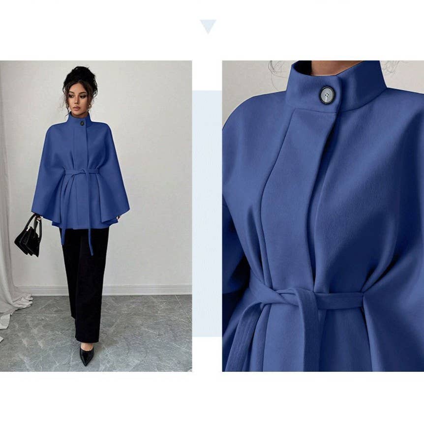 Batwing Cape Jacket with High Neck and Tie-Waist: Burgundy
