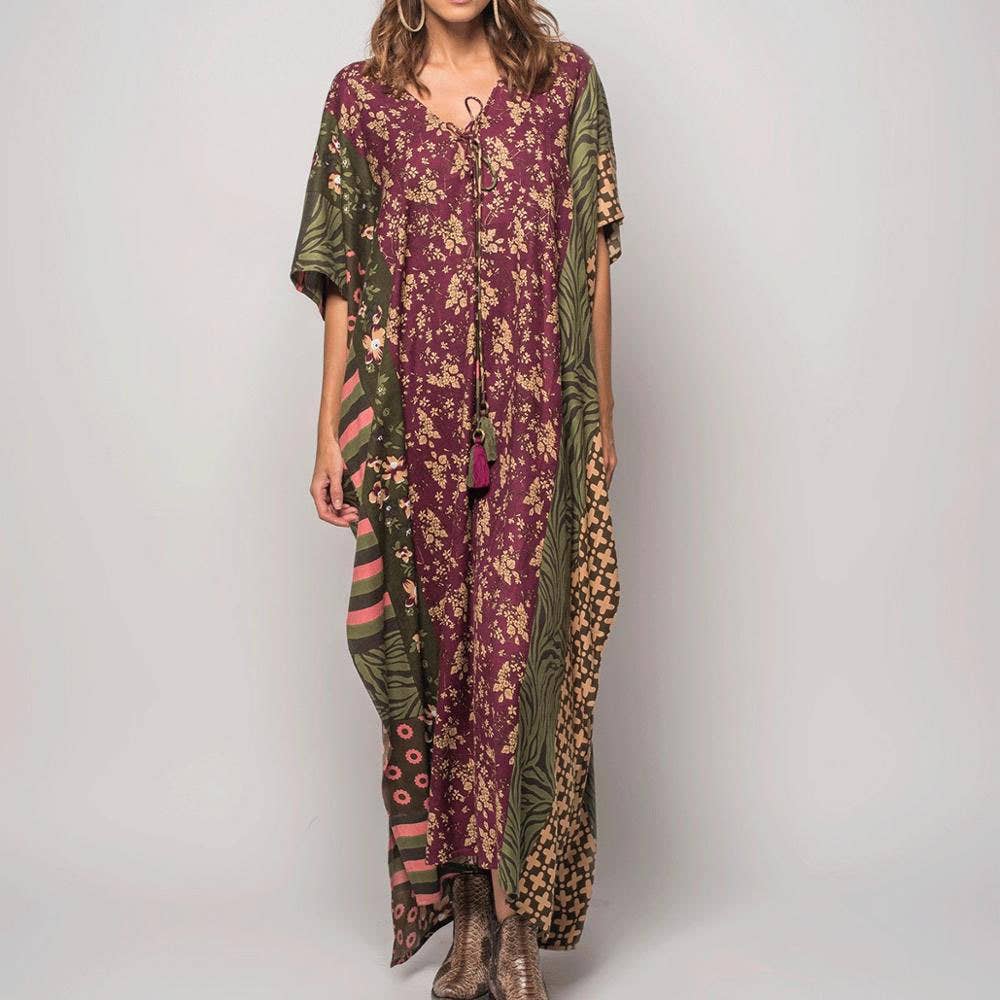 Patchwork Floral & Geometric Print Maxi Dress in Green