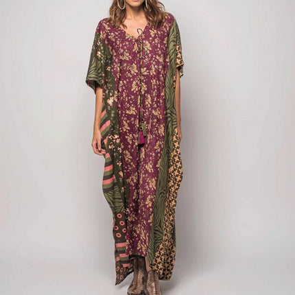 Patchwork Floral & Geometric Print Maxi Dress in Green
