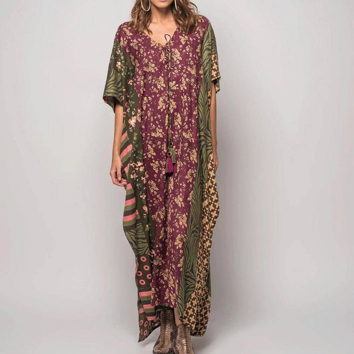 Patchwork Floral & Geometric Print Maxi Dress in Green