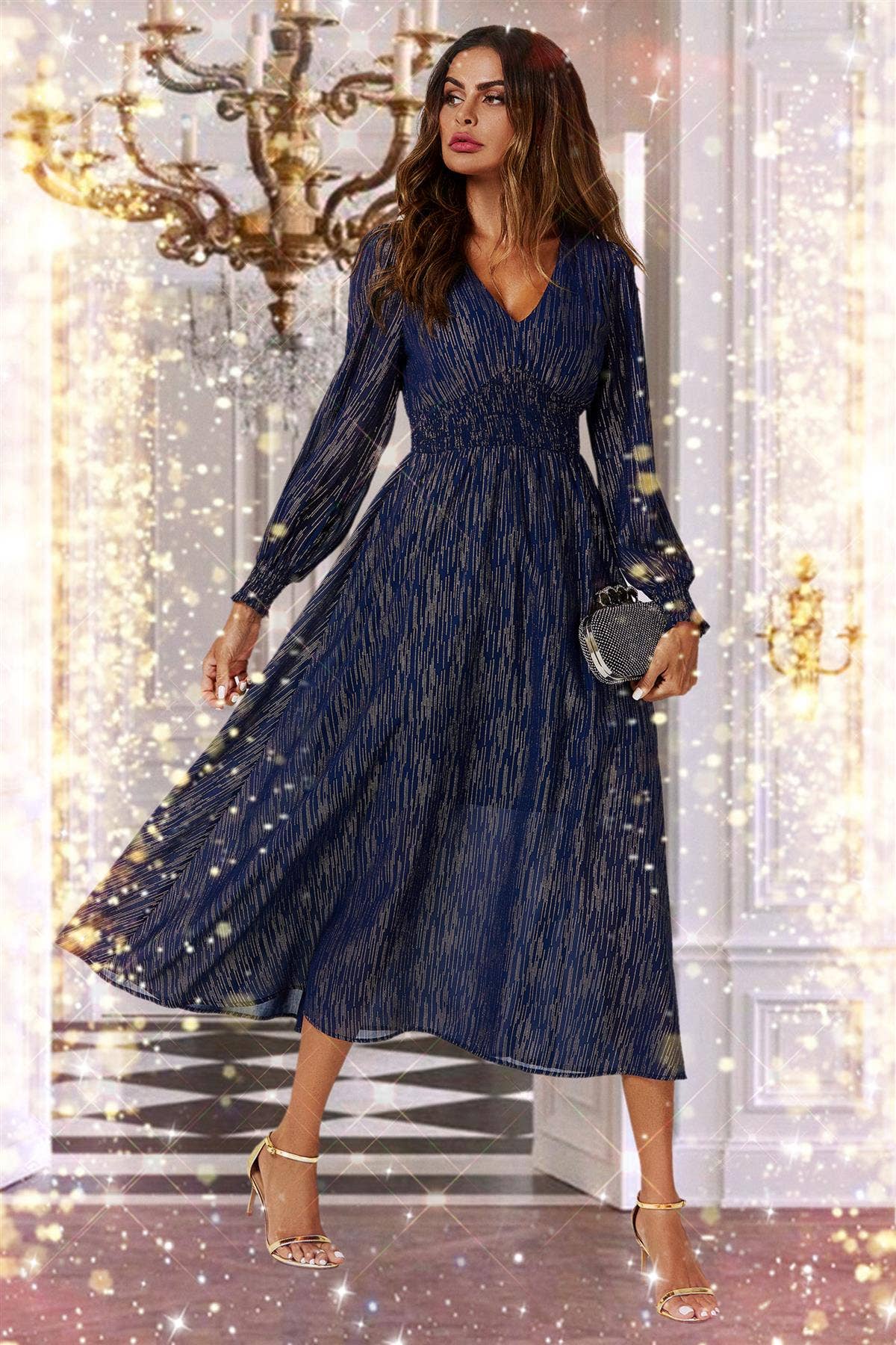 Gold Stripe Foil Long Sleeve Maxi Dress In Navy: Navy / M
