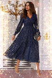 Gold Stripe Foil Long Sleeve Maxi Dress In Navy: Navy / M