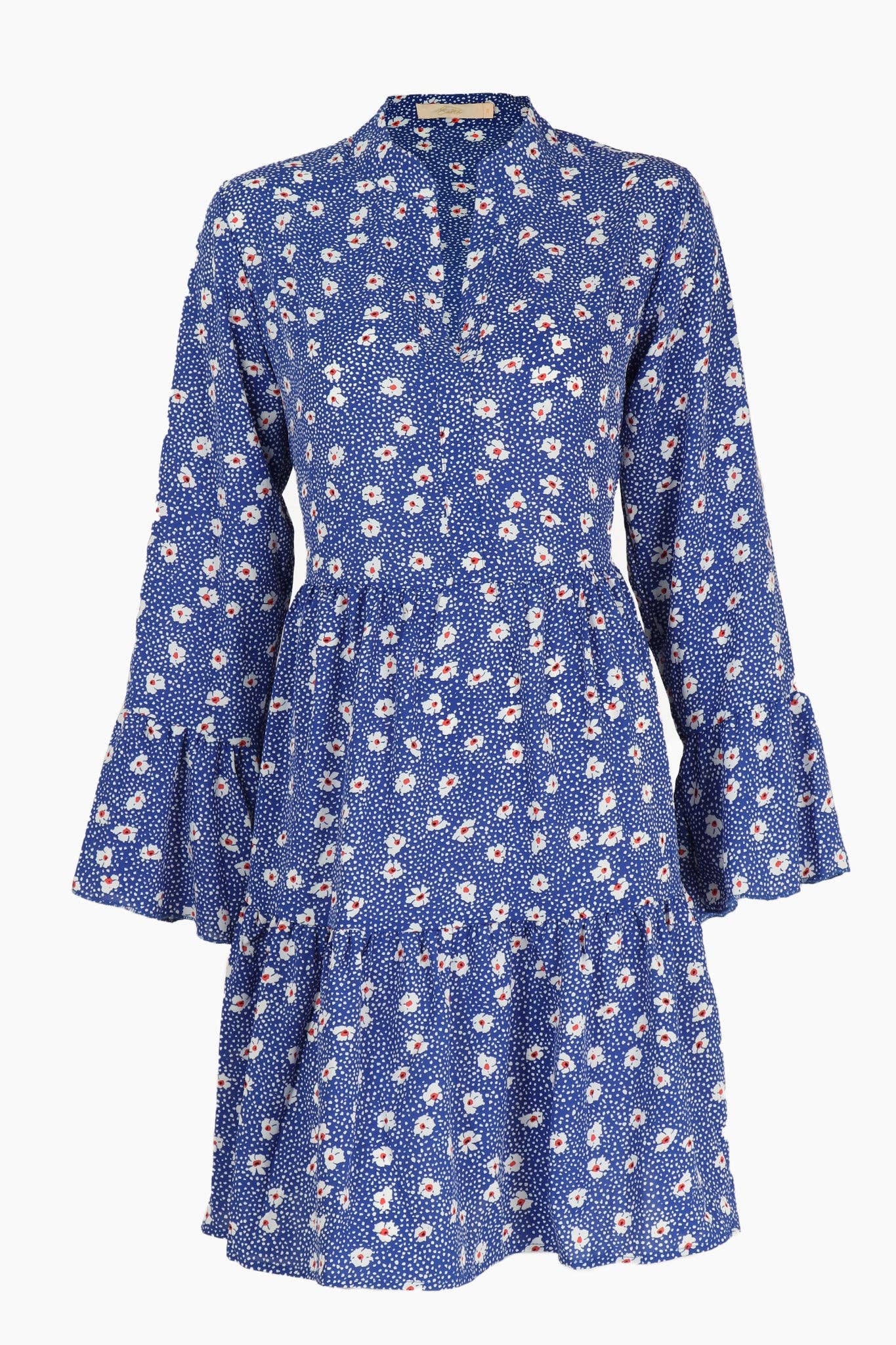 Alison Tiered Mini Dress - Blue, Spotted Daisy: Large (16-18)