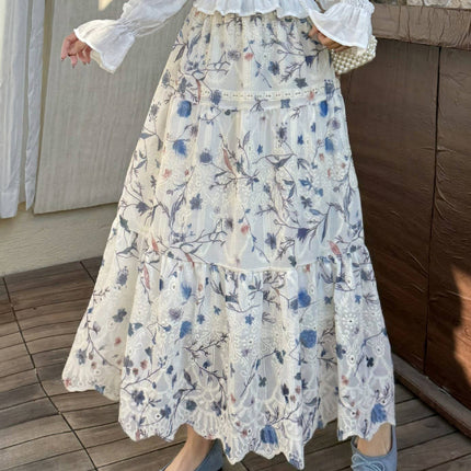 Floral Vine Embroidery Maxi Skirt: Blue