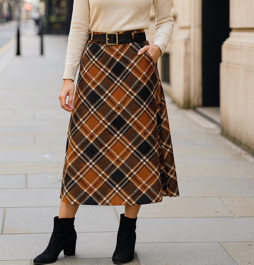 Coloured Check Suedette A-line Skirt: Khaki green