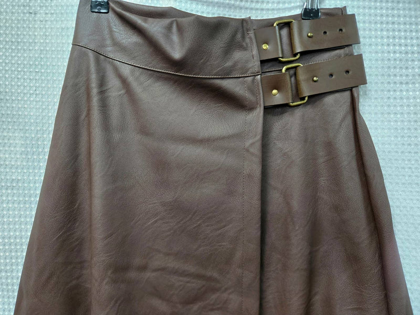 PU Leather look buckle Skirt: Brown