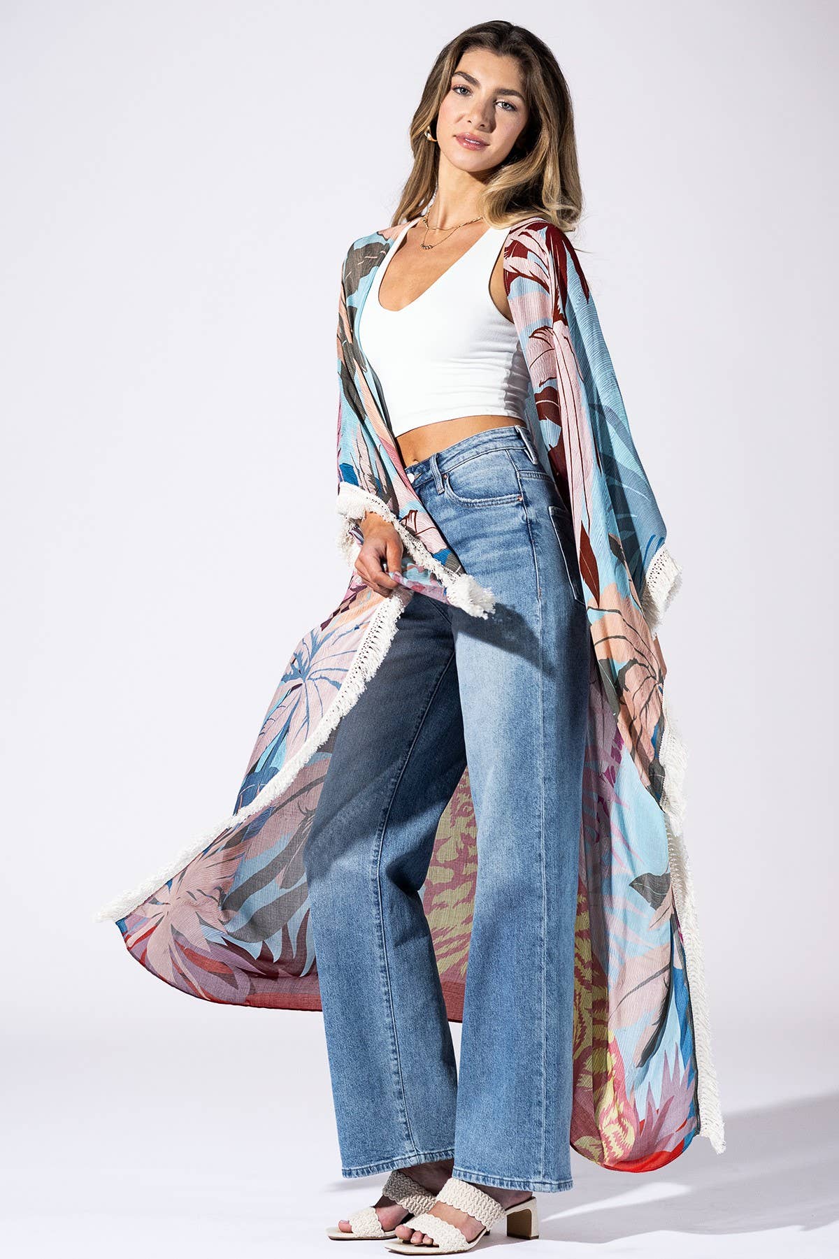 Safari Sky Fringed Duster Kimono: 41-Pink Horizon Mist