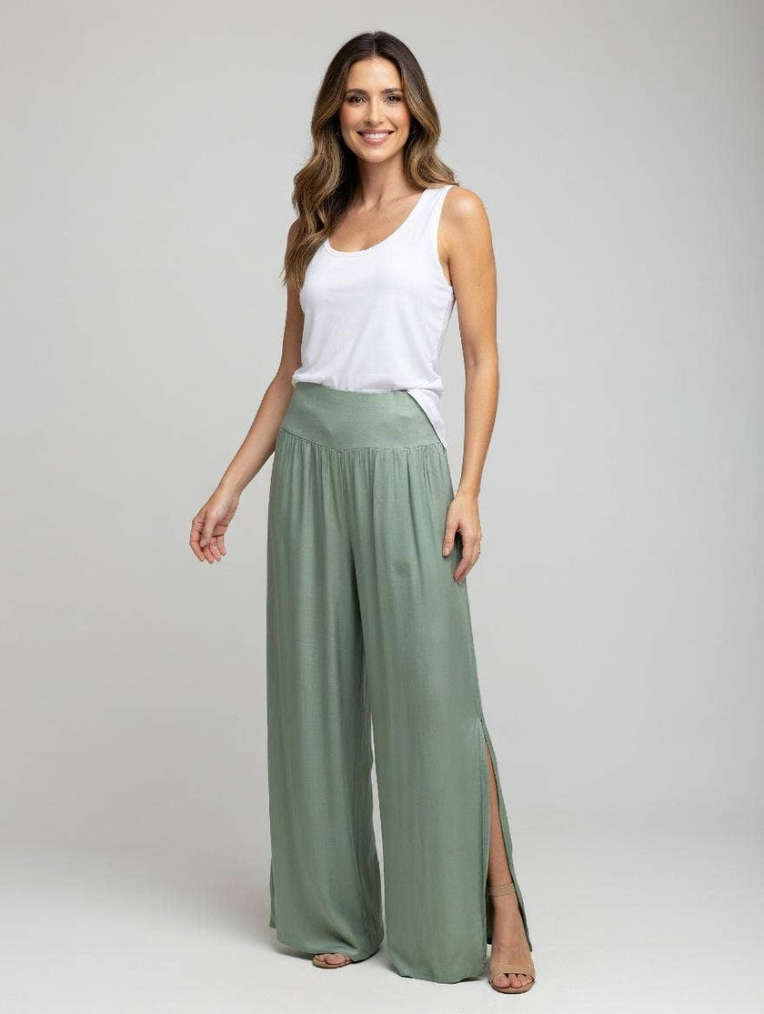 Split Leg Silk Trouser : Khaki