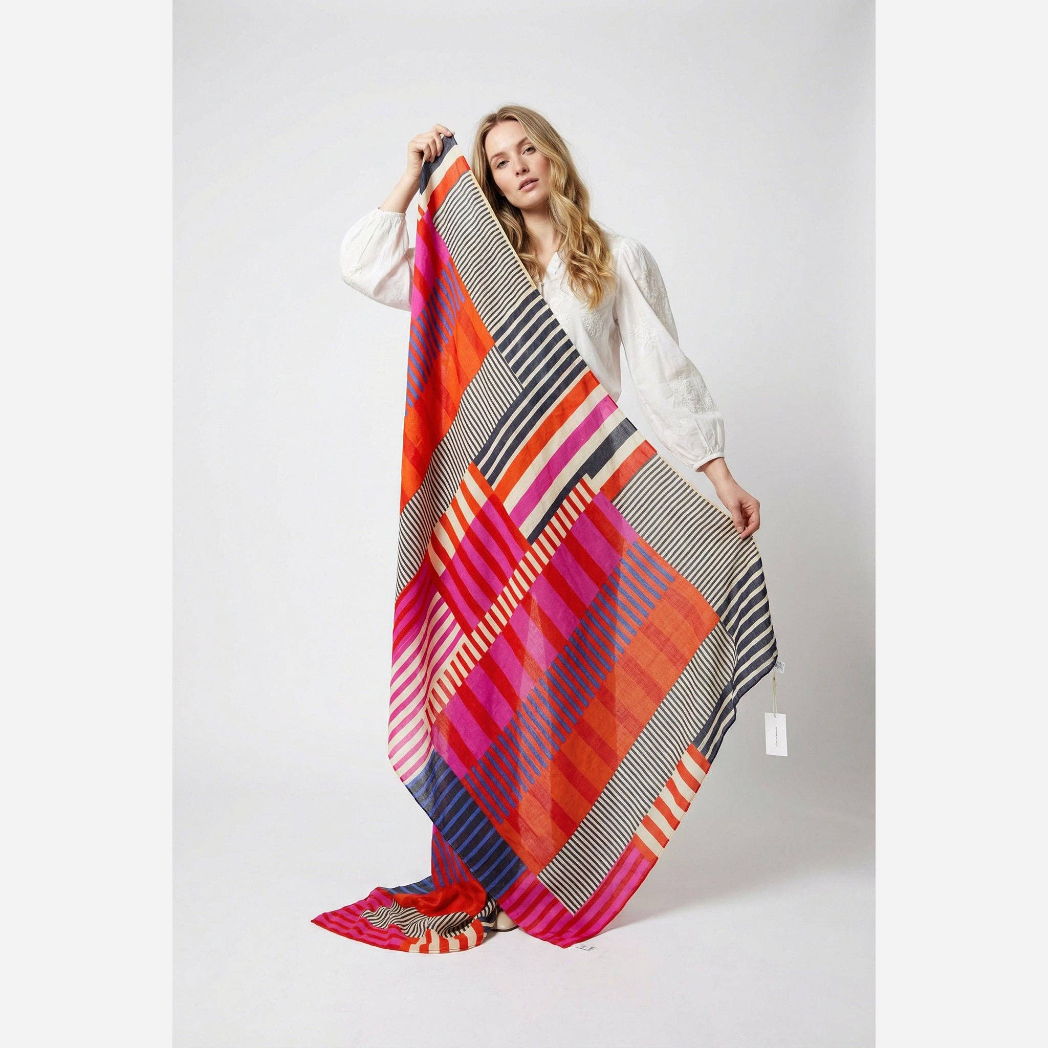 Block Stripe Lightweight Cotton Scarf in Pink: One-size