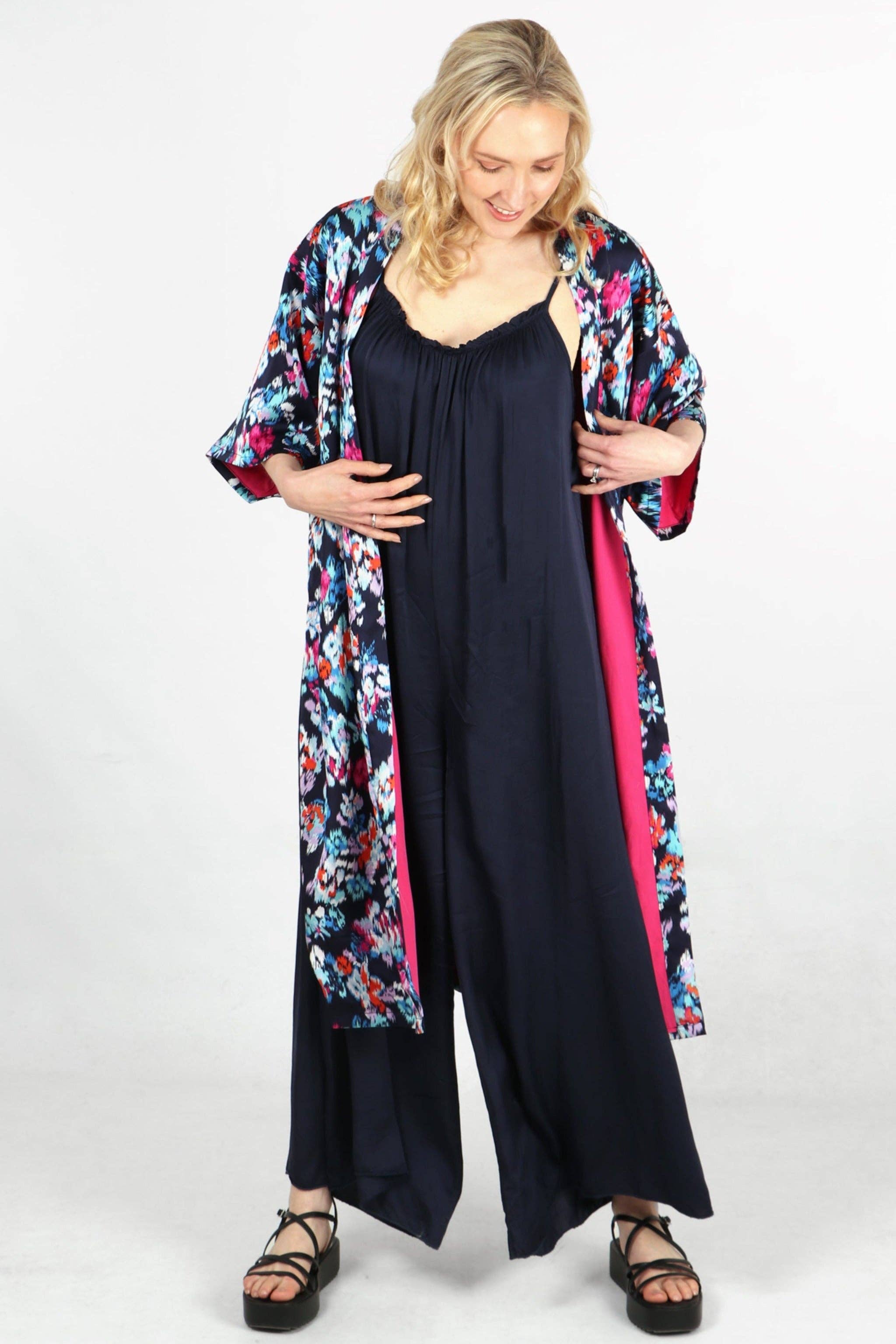 Lined Silky Mid Length Kimono Jacket -Navy Blue, Floral: One-size (UK 8-18)