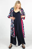 Lined Silky Mid Length Kimono Jacket -Navy Blue, Floral: One-size (UK 8-18)
