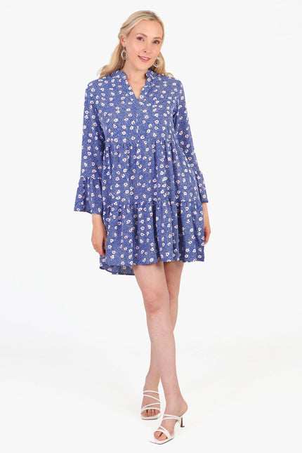 Alison Tiered Mini Dress - Blue, Spotted Daisy: Medium (12-14)