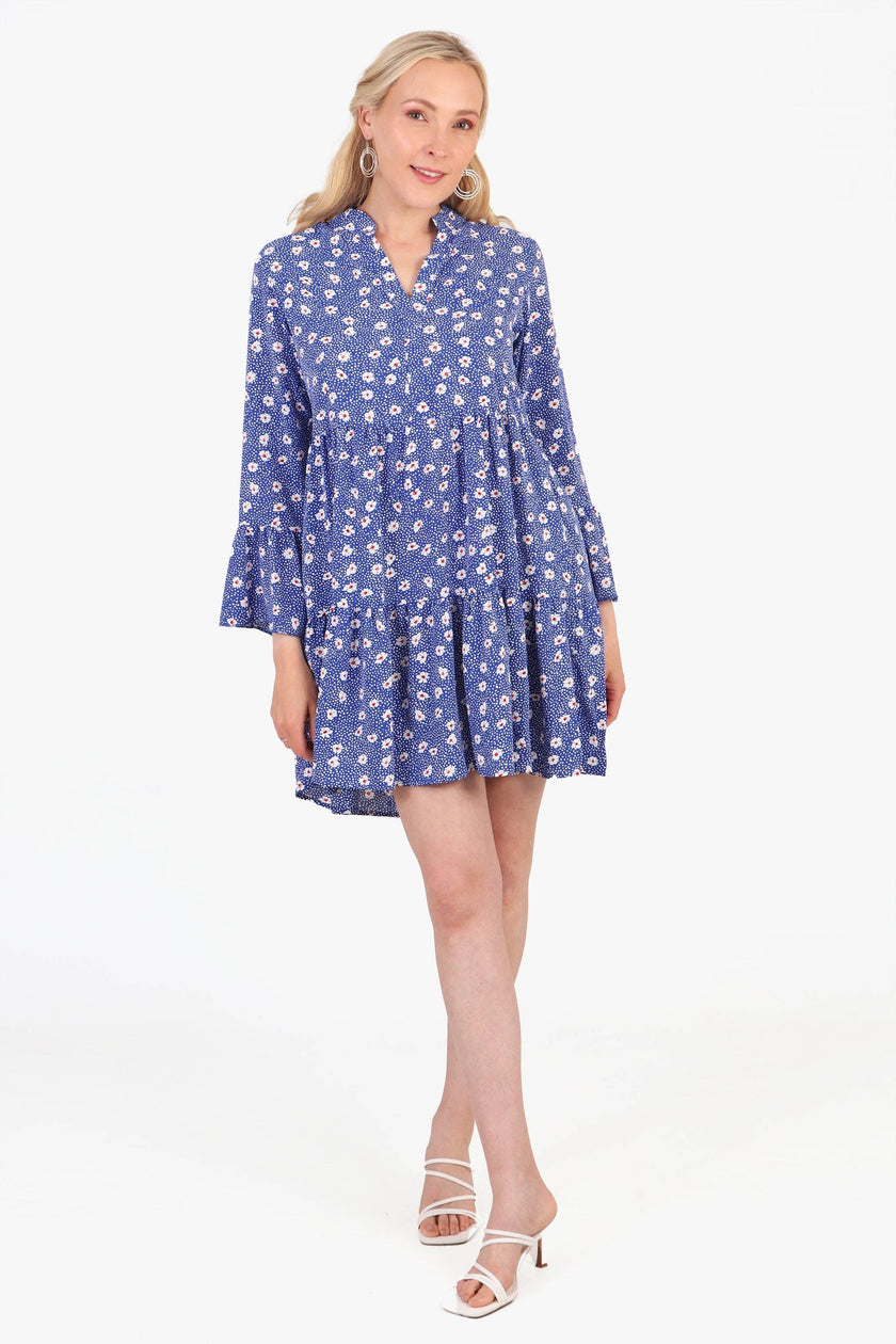 Alison Tiered Mini Dress - Blue, Spotted Daisy: Medium (12-14)