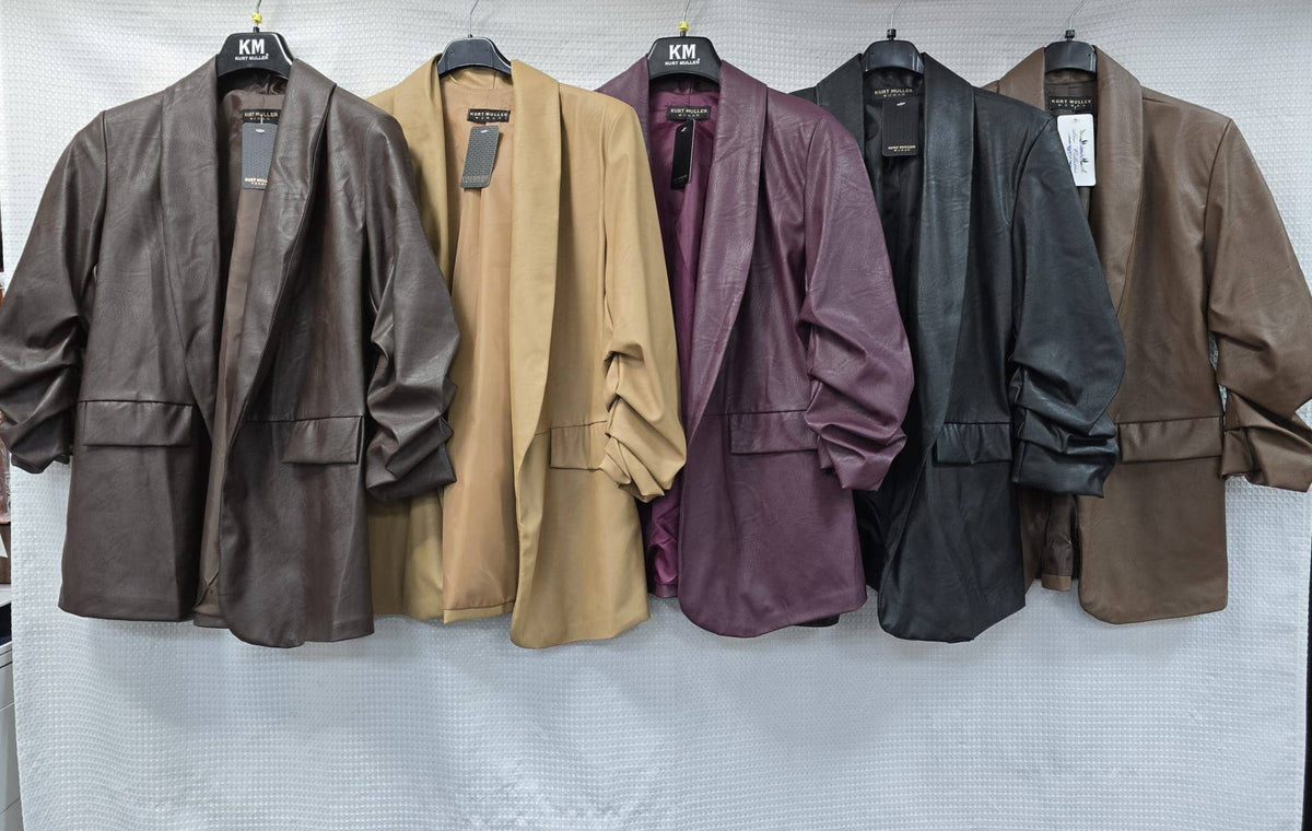 Vegan Leather Look Matte Rouched Sleeve Blazer: Light Chocolate brown / M