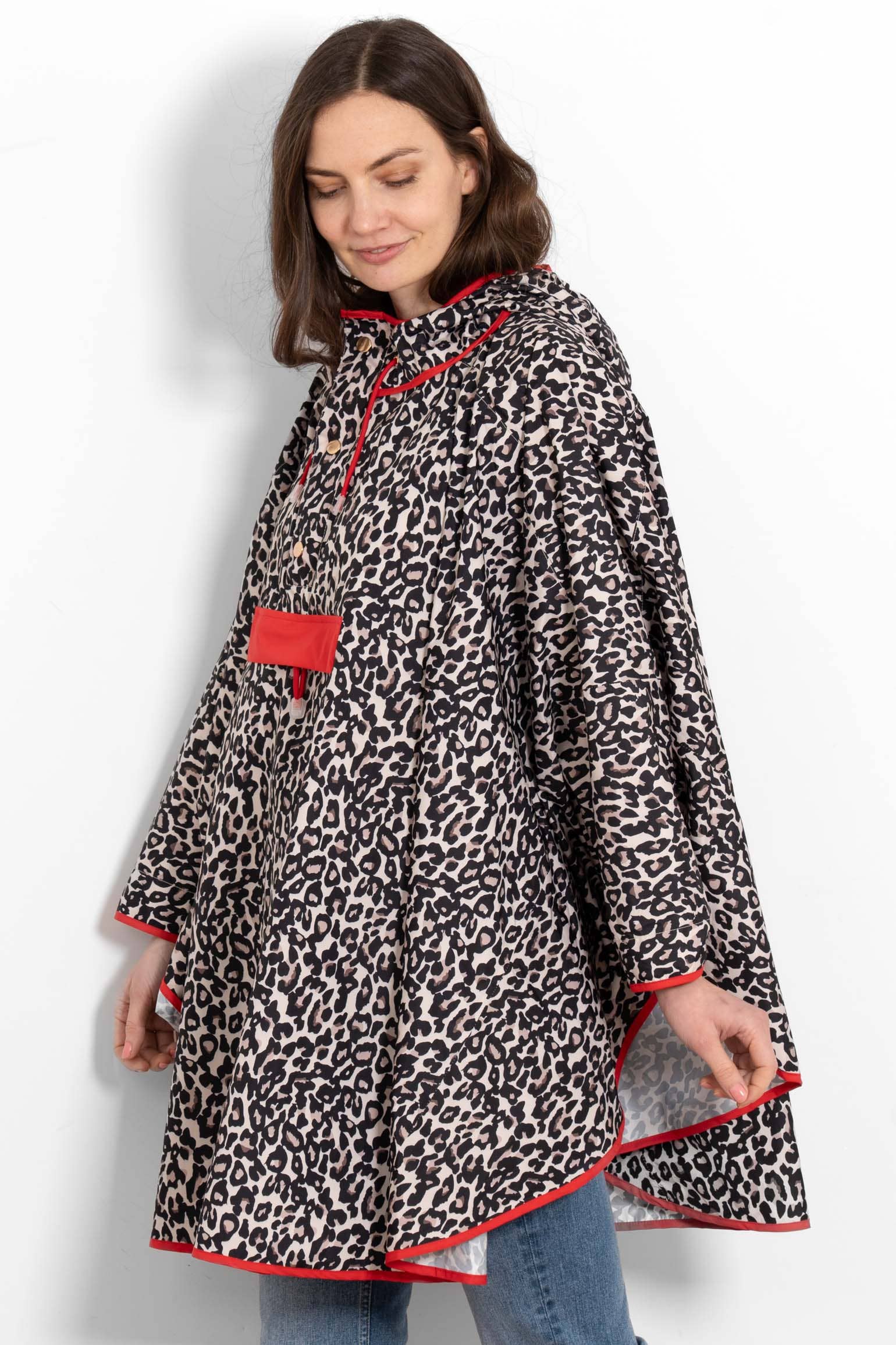 Aspen Waterproof Rain Poncho - Cream/Red, Leopard Print: One-size (UK 8-22)