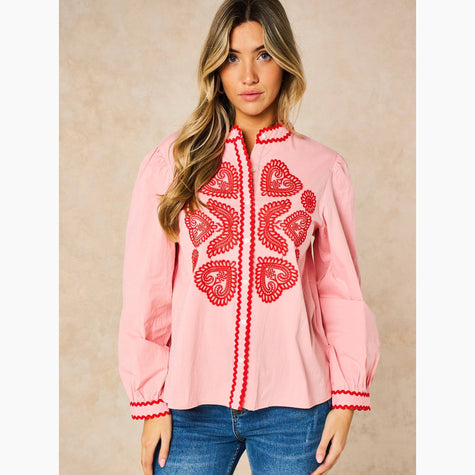 Embroidered Hearts Long Sleeve Cotton Shirt in Pink: Small (UK 8-10)