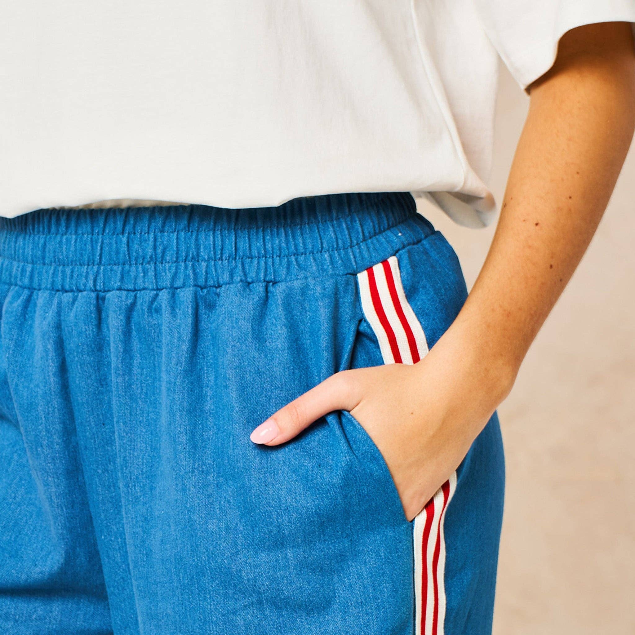 Striped Trim Wide Leg Trousers in Denim Blue