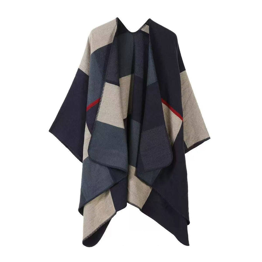 Soft Knit Color-Block Poncho Cape: Tan
