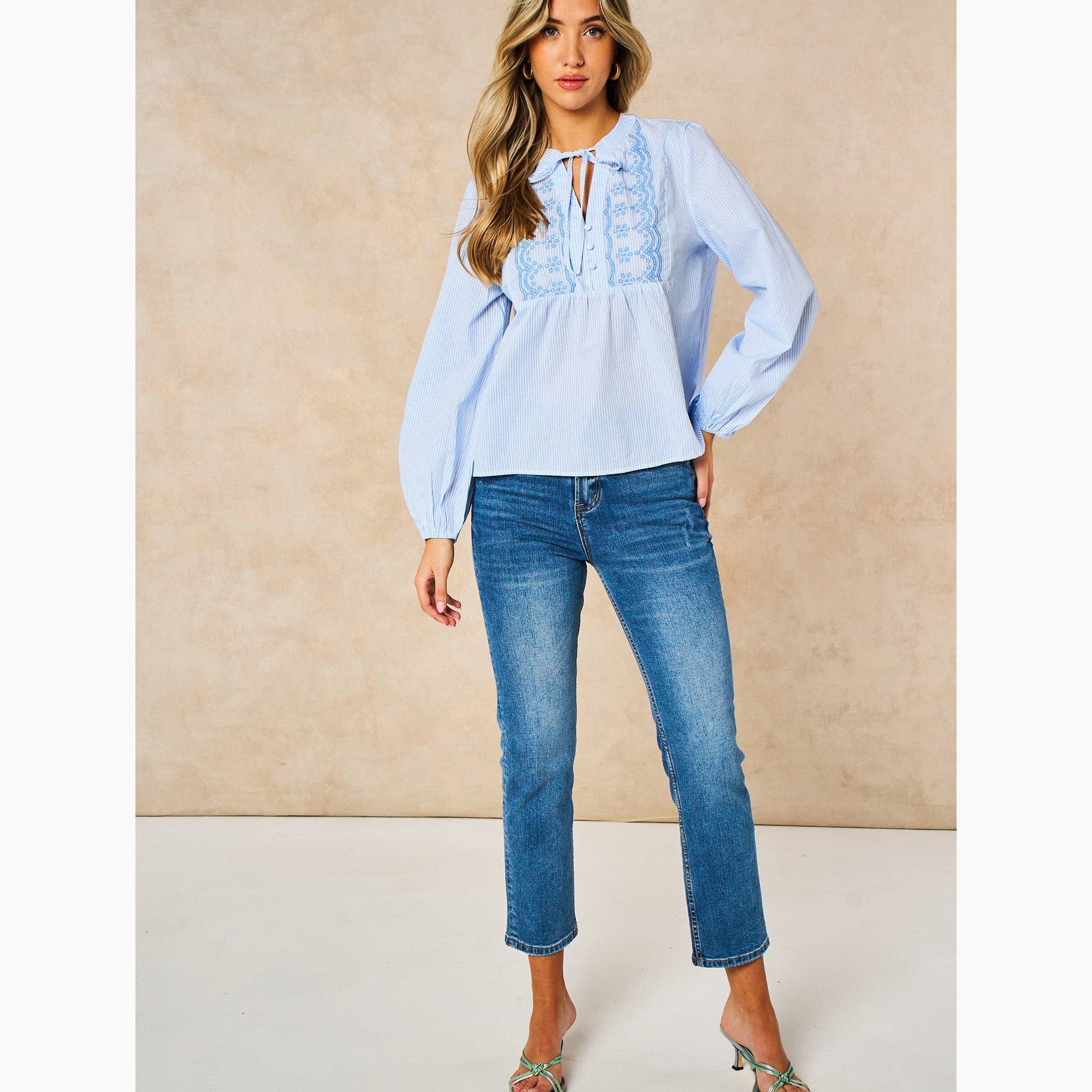 Embroidered Pinstripe Long Sleeve Cotton Shirt in Blue: Large (UK 16-18)