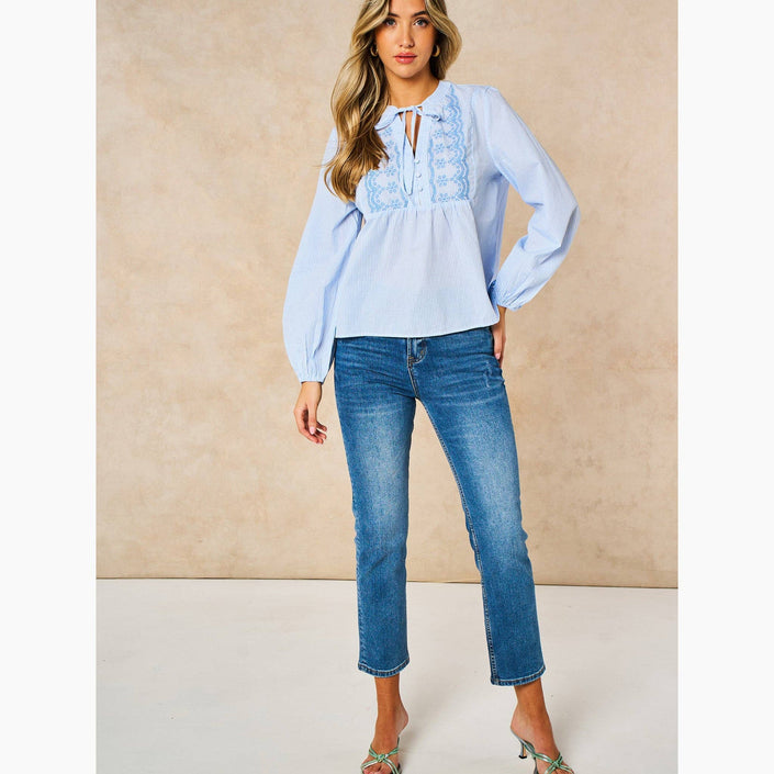 Embroidered Pinstripe Long Sleeve Cotton Shirt in Blue: Medium (UK 12-14)
