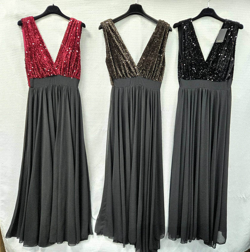 Sequin Velour Crossover Neck Maxi Dress: Brown