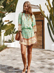 Boho Playsuit With Buttons In Mint Green & Chocolate Floral: Mint