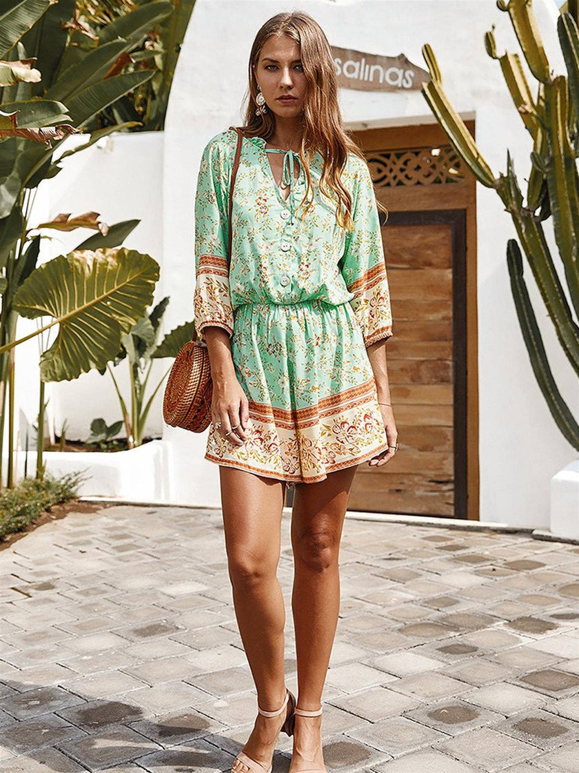 Boho Playsuit With Buttons In Mint Green & Chocolate Floral: Mint