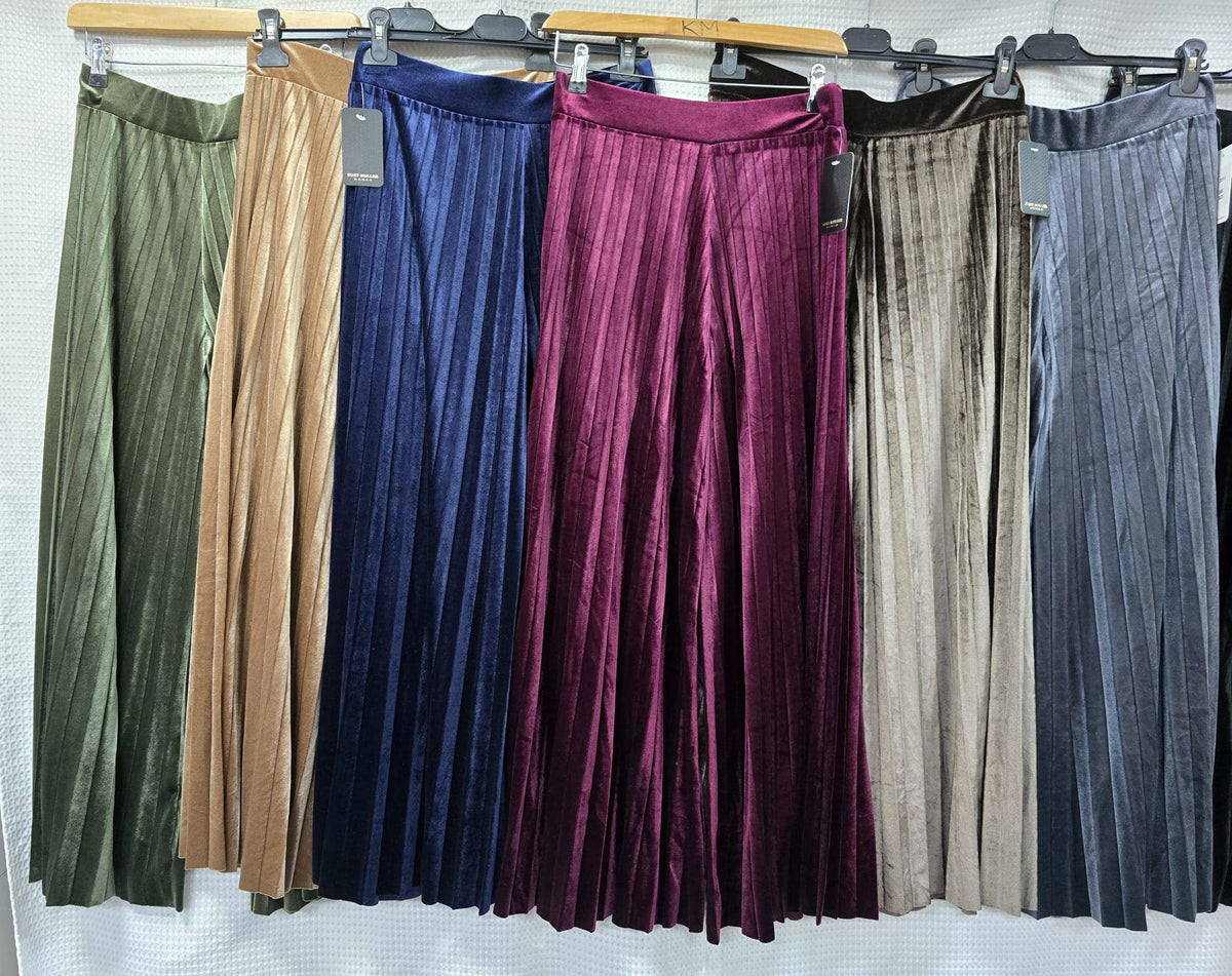 Plain Velvet Velour Wide Leg Plisse Trousers: Camel
