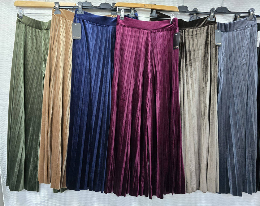 Plain Velvet Velour Wide Leg Plisse Trousers: Camel