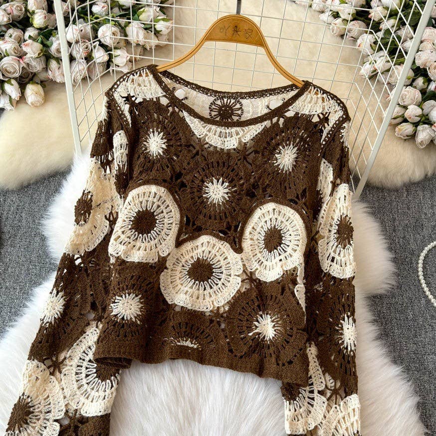 Floral Medallion Crochet Knit Sweater: Burgundy