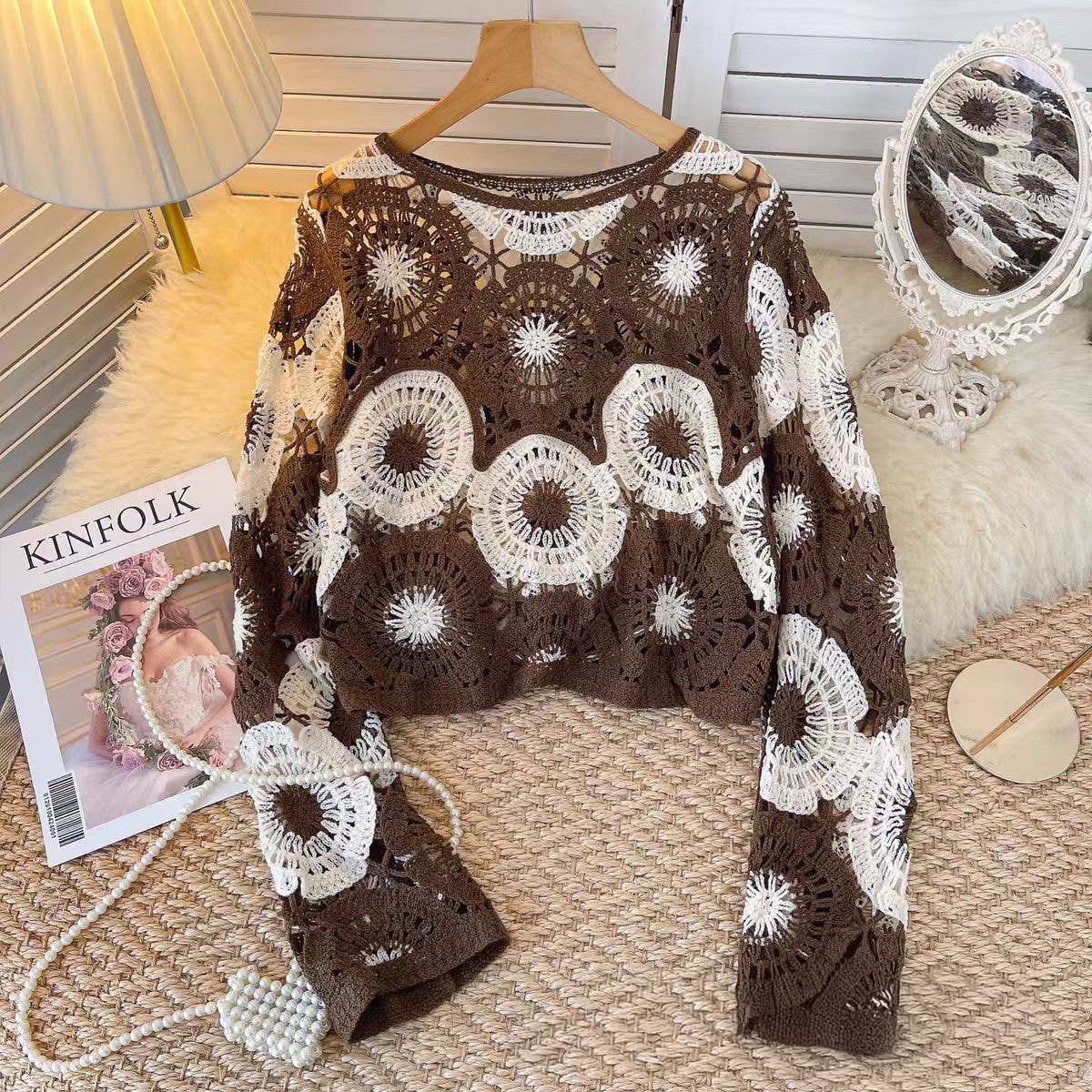 Floral Medallion Crochet Knit Sweater: Burgundy
