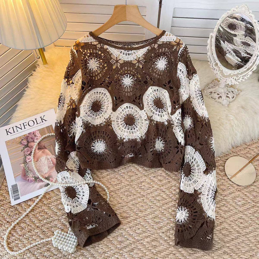 Floral Medallion Crochet Knit Sweater: Burgundy