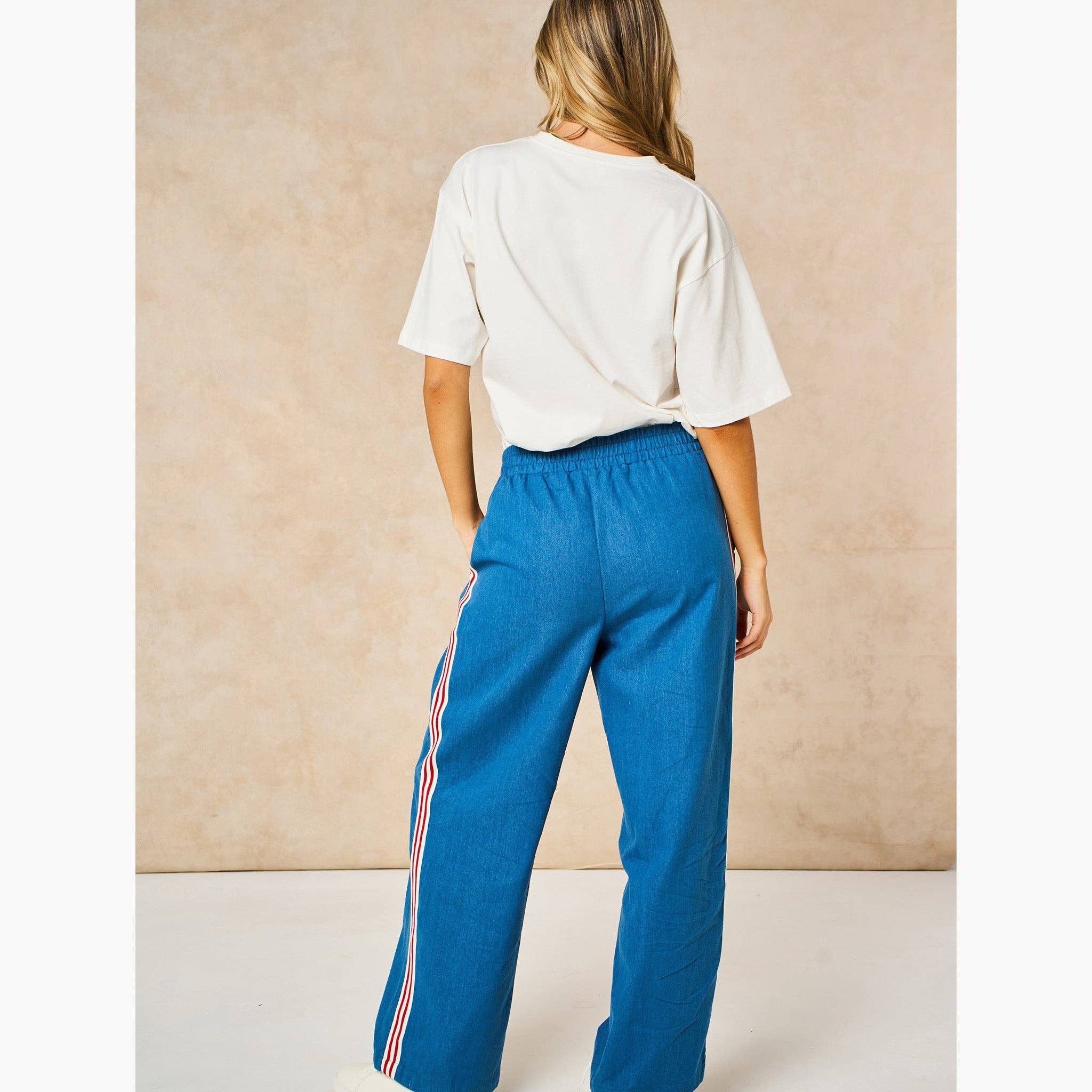 Striped Trim Wide Leg Trousers in Denim Blue