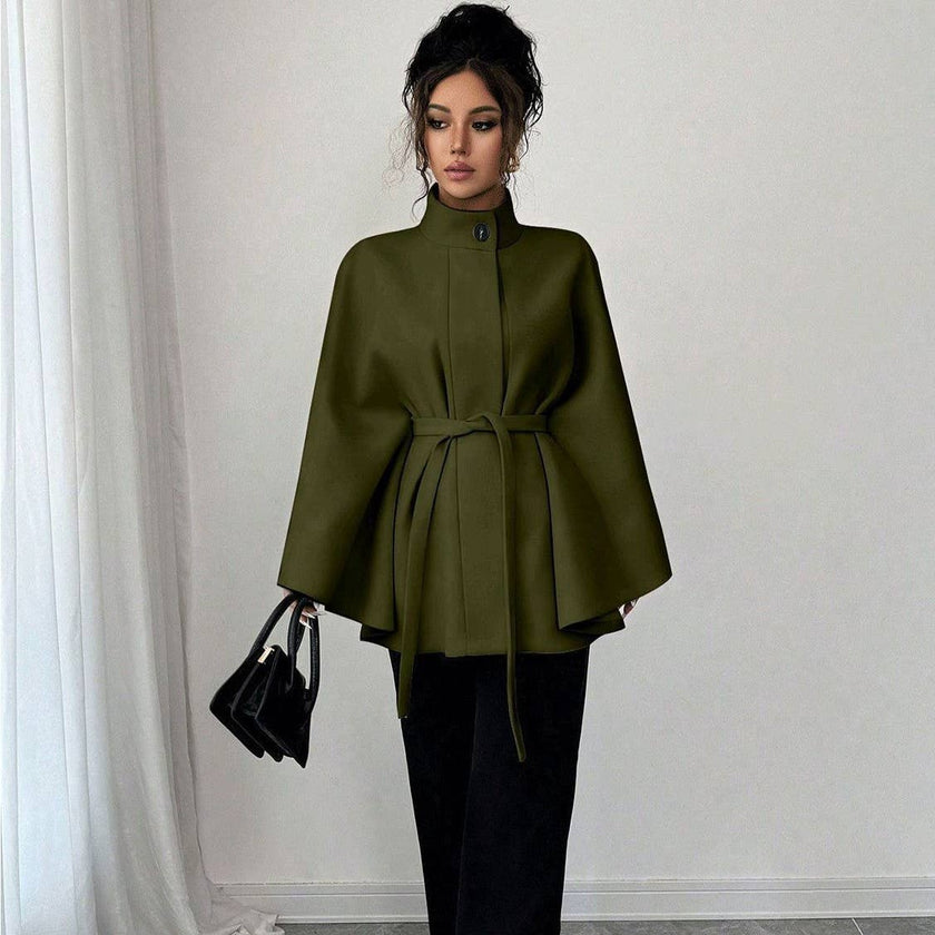 Batwing Cape Jacket with High Neck and Tie-Waist: Burgundy