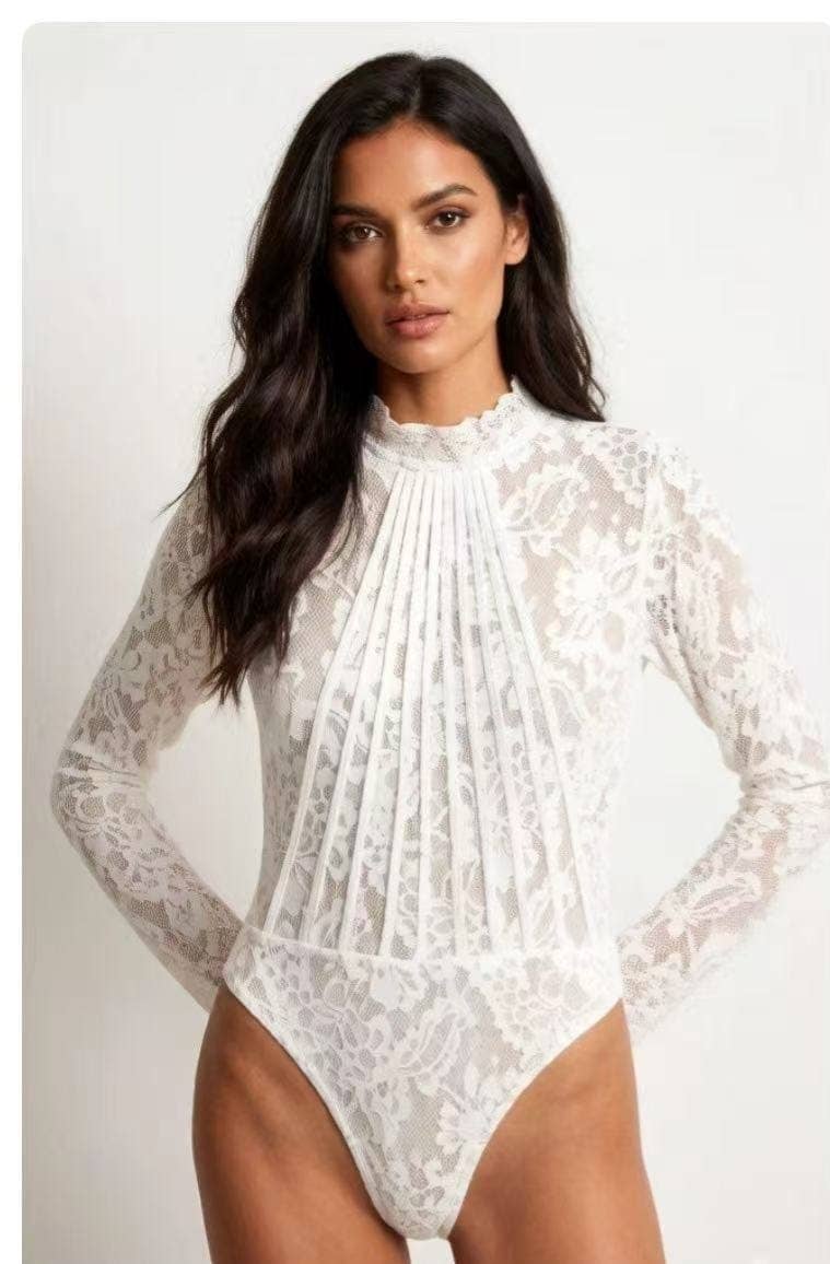 Lace Mesh Bodysuit: Maroon/Dark Red