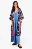 Lined Silky Mid Length Kimono Jacket -Navy Blue, Floral: One-size (UK 8-18)