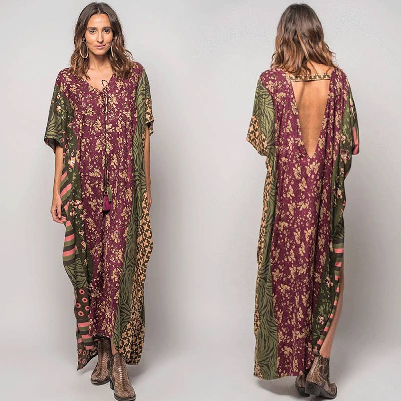 Patchwork Floral & Geometric Print Maxi Dress in Green