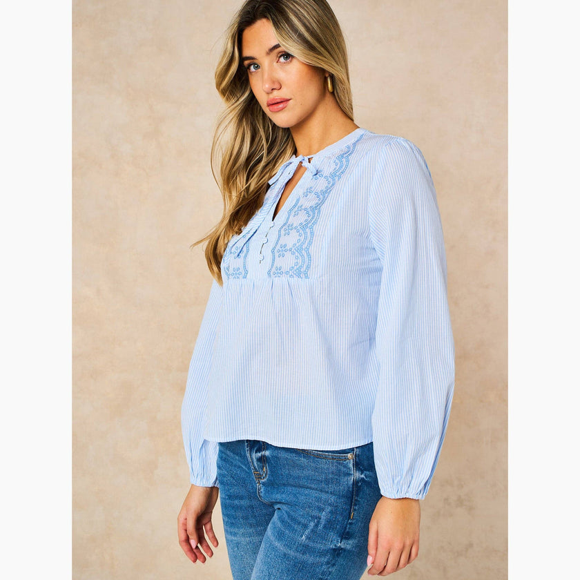 Embroidered Pinstripe Long Sleeve Cotton Shirt in Blue: Medium (UK 12-14)