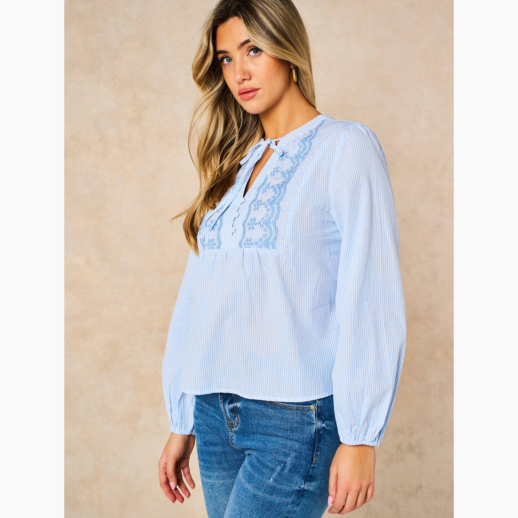Embroidered Pinstripe Long Sleeve Cotton Shirt in Blue: Large (UK 16-18)