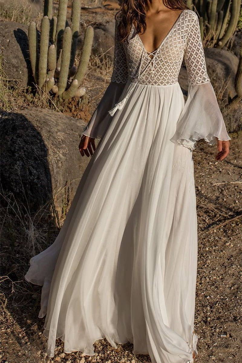 White Bell Sleeve V-Neck Beach Cover Up Maxi Dress
