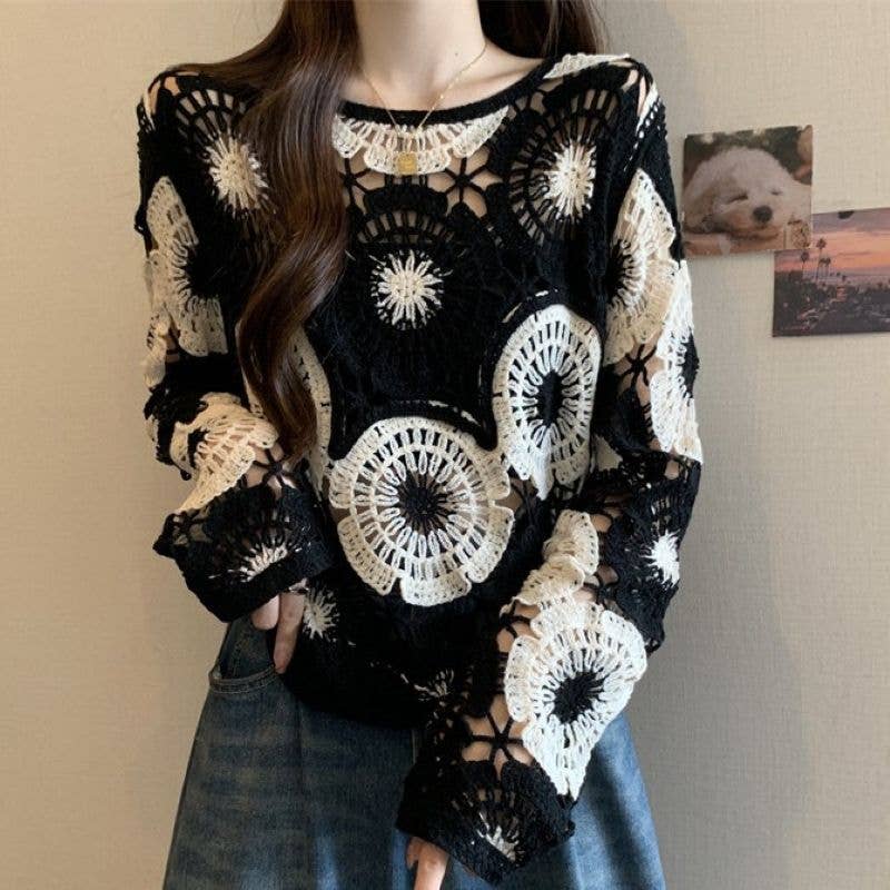 Floral Medallion Crochet Knit Sweater: Burgundy