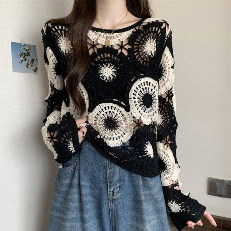 Floral Medallion Crochet Knit Sweater: Burgundy