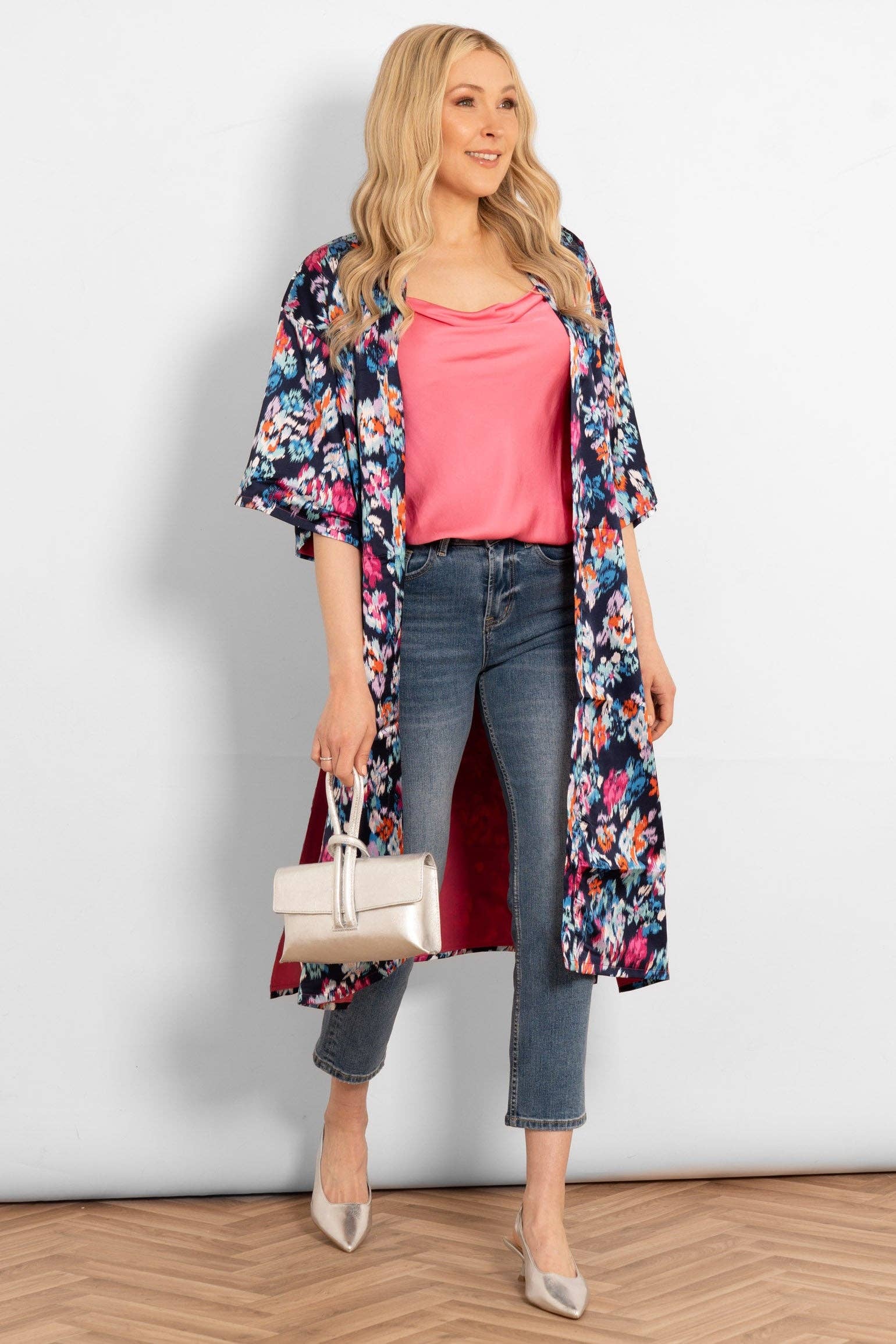 Lined Silky Mid Length Kimono Jacket -Navy Blue, Floral: One-size (UK 8-18)