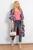 Lined Silky Mid Length Kimono Jacket -Navy Blue, Floral: One-size (UK 8-18)