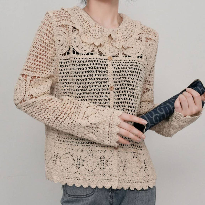 Elegant Beige Guipure Lace Button-Up Cardigan