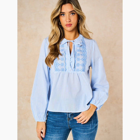 Embroidered Pinstripe Long Sleeve Cotton Shirt in Blue: Small (UK 8-10)
