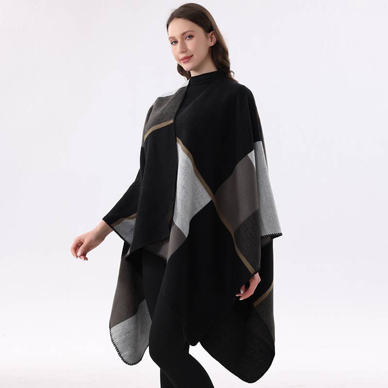 Soft Knit Color-Block Poncho Cape: Tan