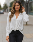 Sateen V Collar High Low Padded Shoulder Blouse: Navy